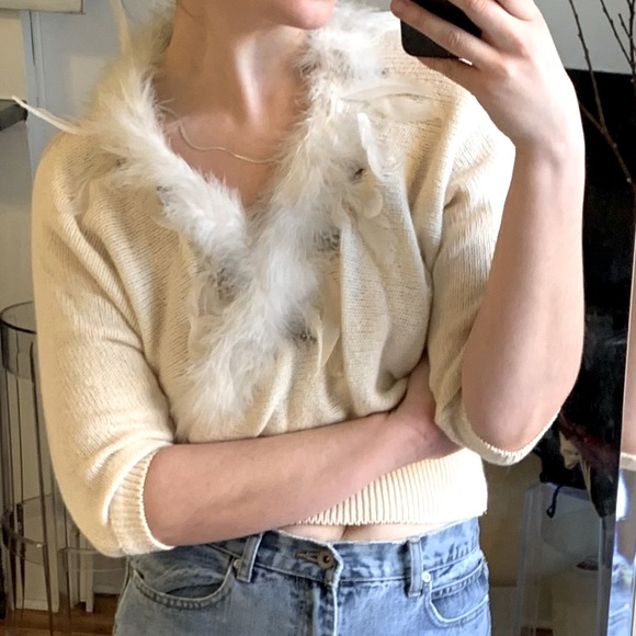 Bonnie and Bill Cream Angora Sweater Detachable Marabou Feather Collar Small VTG - Picture 9 of 16